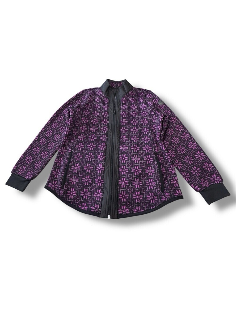 Talbots Geo Snowflake Cozy Woven Trim Jacket Purple Black Full Zip Women’s Sz M